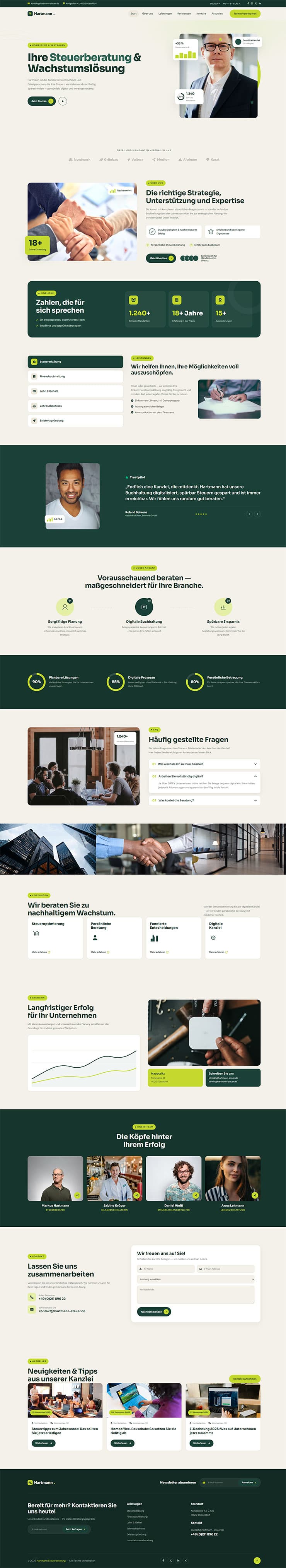 Beispiel-Entwurf einer modernen Steuerberater-Website – Hero, Spezialisierungen, Online-Termin, Kontakt